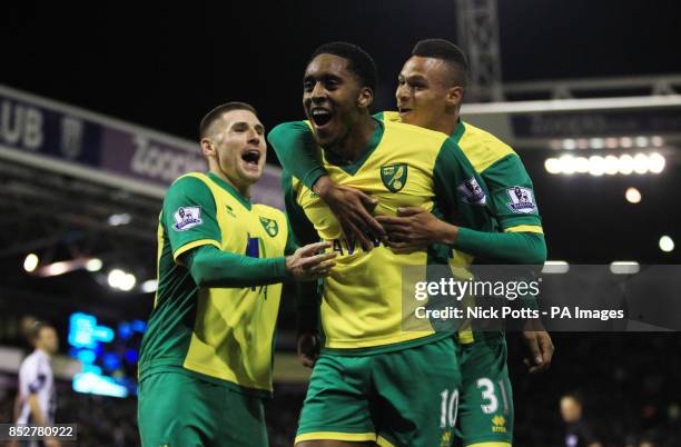 Norwich City's Leroy Fer celebrates scoring the 2nd goal with Gary Hooper and Josh Murphy against West Bromwich Albion during 2.0 win in the Barclays...