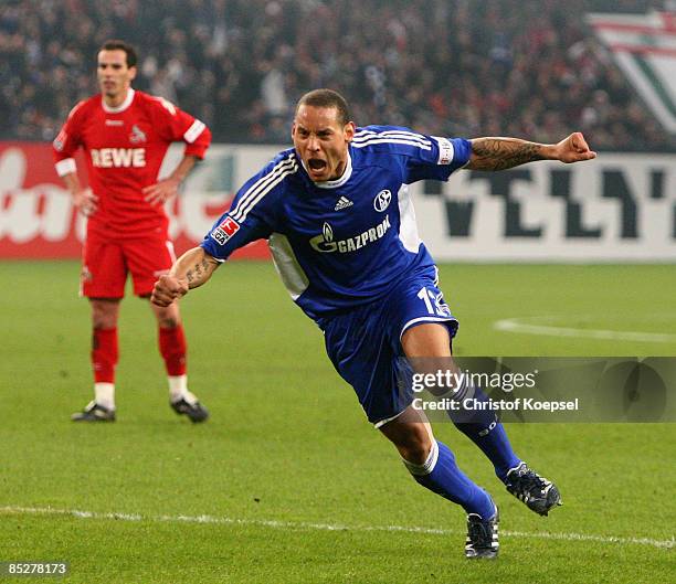 Jermaine Jones of Schalke celebrates his first goal during the Bundesliga match between FC Schalke 04 and 1. FC Koeln at the Veltins-Arena on March...