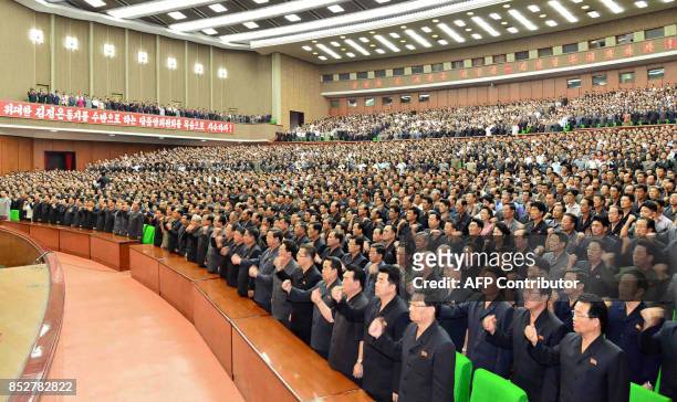This picture taken on September 23, 2017 and released from North Korea's official Korean Central News Agency on September 24 shows a meeting of the...