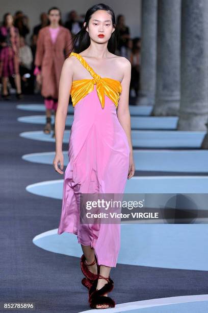 Model walks the runway at the Marco de Vicenzo Ready to Wear Spring/Summer 2018 fashion show during Milan Fashion Week Spring/Summer 2018 on...