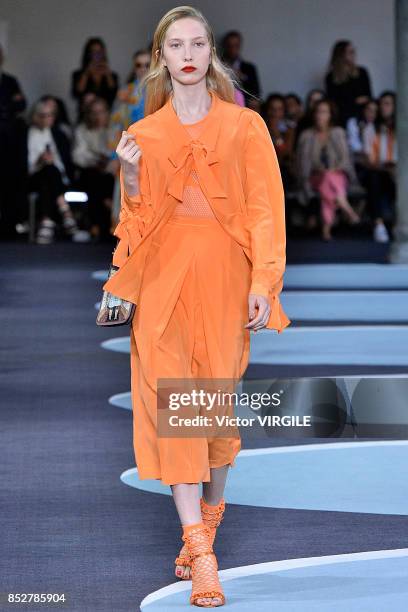 Model walks the runway at the Marco de Vicenzo Ready to Wear Spring/Summer 2018 fashion show during Milan Fashion Week Spring/Summer 2018 on...