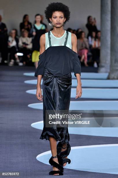Model walks the runway at the Marco de Vicenzo Ready to Wear Spring/Summer 2018 fashion show during Milan Fashion Week Spring/Summer 2018 on...