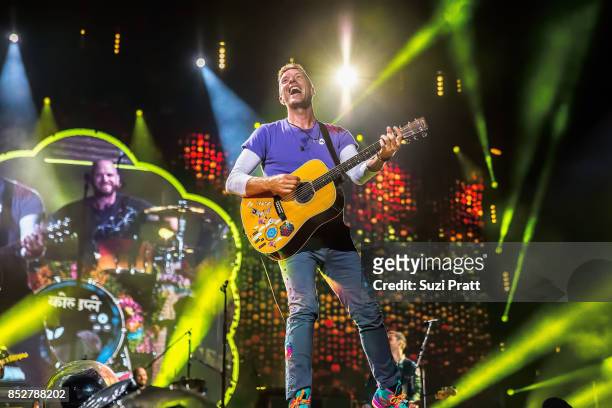 Chris Martin of Coldplay performs at CenturyLink Field on September 23, 2017 in Seattle, Washington.
