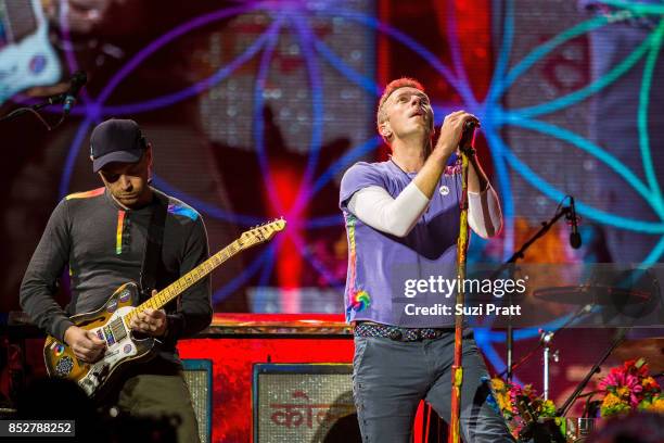 Chris Martin of Coldplay performs at CenturyLink Field on September 23, 2017 in Seattle, Washington.