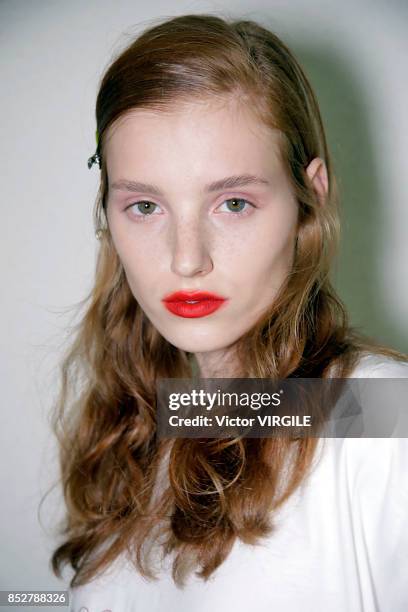 Model backstage at the Marco de Vicenzo Ready to Wear Spring/Summer 2018 fashion show during Milan Fashion Week Spring/Summer 2018 on September 22,...