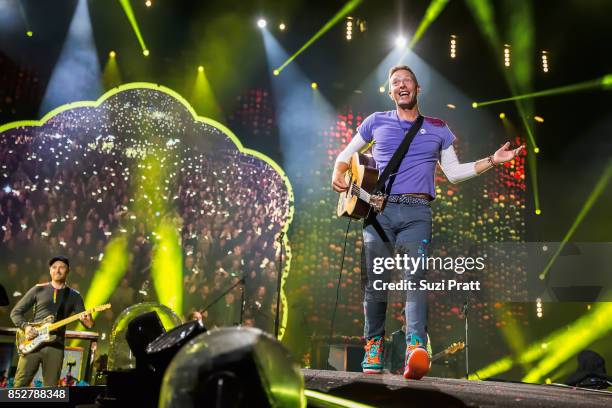 Chris Martin of Coldplay performs at CenturyLink Field on September 23, 2017 in Seattle, Washington.