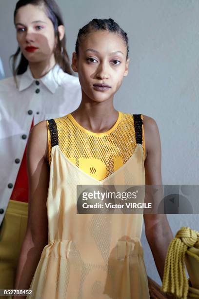 Model backstage at the Marco de Vicenzo Ready to Wear Spring/Summer 2018 fashion show during Milan Fashion Week Spring/Summer 2018 on September 22,...