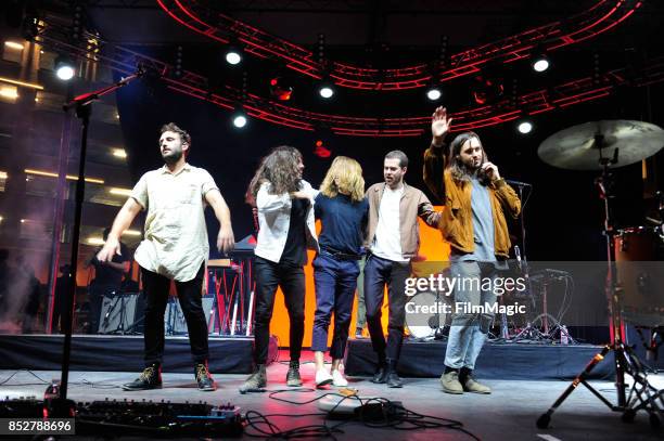 Kelcey Ayer, Taylor Rice, Matt Frazier, Ryan Hahn, and Nik Ewing of Local Natives perform on Huntridge Stage during day 2 of the 2017 Life Is...