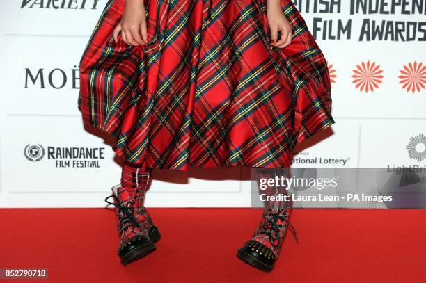 Detail of the outfit worn by Harley Bird at the 16th annual Moet British Independent Film Awards at the Old Billingsgate Market in the City of London.