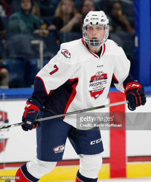 Alec Regula of Team Chelios during the CCM/USA Hockey All-American Prospects Game against Team Leetch at the KeyBank Center on September 21, 2017 in...