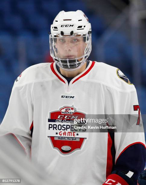 Alec Regula of Team Chelios during the CCM/USA Hockey All-American Prospects Game against Team Leetch at the KeyBank Center on September 21, 2017 in...