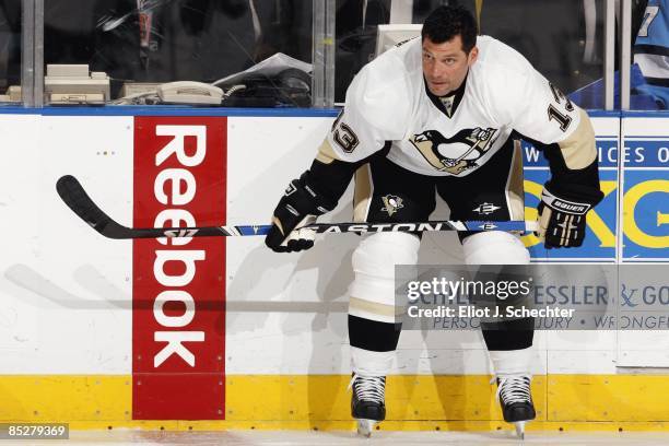 Bill Guerin of the Pittsburgh Penguins warms up on the ice prior to the start of the game against the Florida Panthers at the Bank Atlantic Center on...