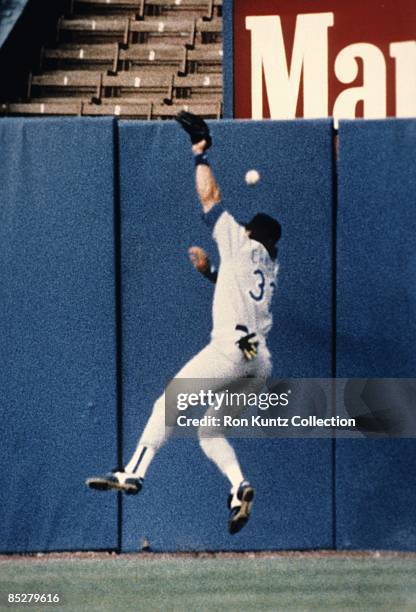 Outfielder Jose Canseco of the Texas Rangers has the ball hit by Carlos Martinez of the Cleveland Indians bounce off his head and over the fence for...