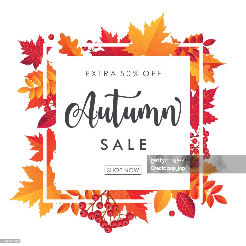 Autumn Leaves Sale Square Frame. Vector illustration template