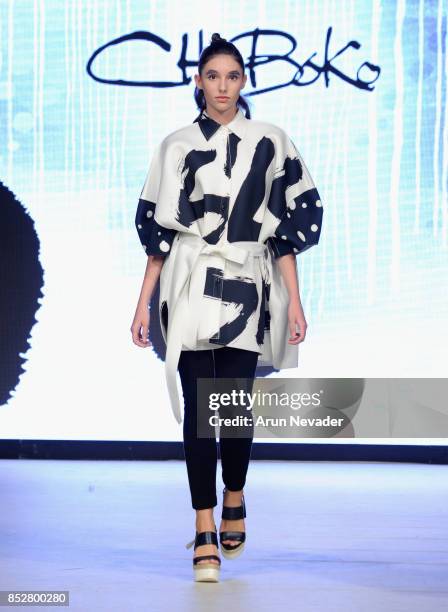 Model walks the runway wearing ChoiBoko at 2017 Vancouver Fashion Week - Day 6 on September 23, 2017 in Vancouver, Canada.