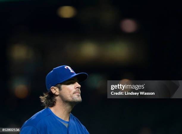 Cole Hamels of the Texas Rangers walks off of the field during the game against the Seattle Mariners at Safeco Field on September 21, 2017 in...