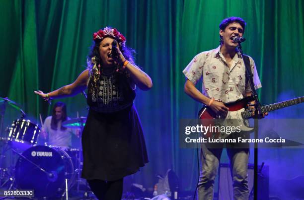 Victoria Ruiz and Joey La Neve DeFrancesco of 'Downtown Boys' perform onstage at The Broad on September 23, 2017 in Los Angeles, California.