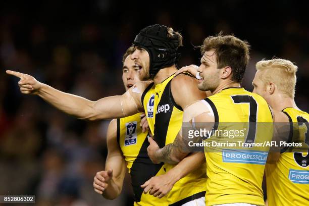 Ben Griffiths of Richmond celebrates a goal during the VFL Grand Final match between Richmond and Port Melbourne at Etihad Stadium on September 24,...