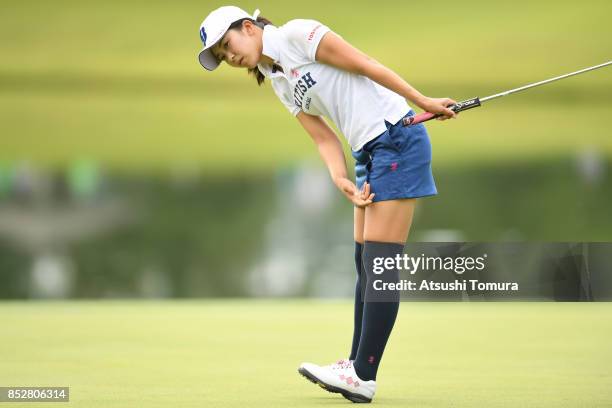 Kotone Hori of Japan reacts on the 4th hole during the final round of the Miyagi TV Cup Dunlop Ladies Open 2017 at the Rifu Golf Club on September...