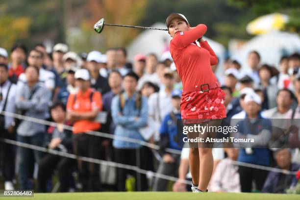 Miyuki Takeuchi of Japan hits her tee shot on the 1st hole during the final round of the Miyagi TV Cup Dunlop Ladies Open 2017 at the Rifu Golf Club...