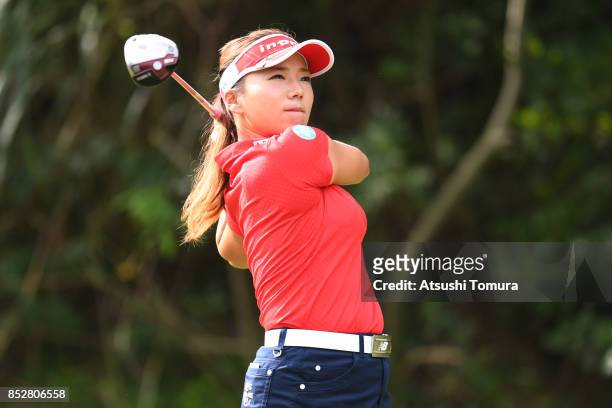 Chie Arimura of Japan hits her tee shot on the 2nd hole during the final round of the Miyagi TV Cup Dunlop Ladies Open 2017 at the Rifu Golf Club on...