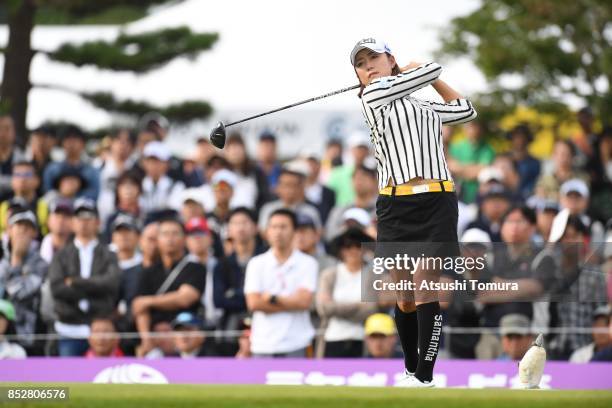 Erina Hara of Japan hits her tee shot on the 1st hole during the final round of the Miyagi TV Cup Dunlop Ladies Open 2017 at the Rifu Golf Club on...