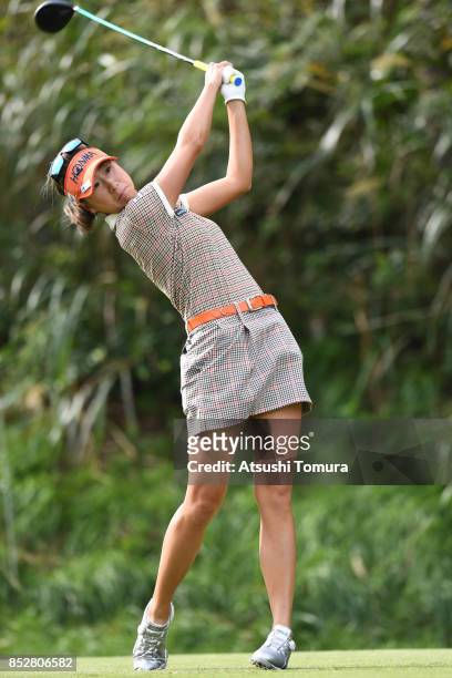 Megumi Kido of Japan hits her tee shot on the 2nd hole during the final round of the Miyagi TV Cup Dunlop Ladies Open 2017 at the Rifu Golf Club on...