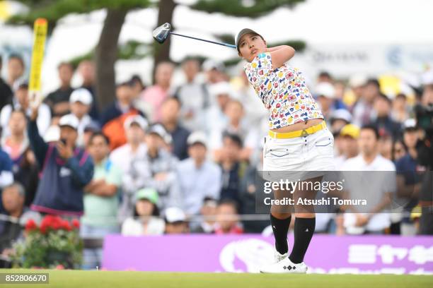 Ai Suzuki of Japan hits her tee shot on the 1st hole during the final round of the Miyagi TV Cup Dunlop Ladies Open 2017 at the Rifu Golf Club on...