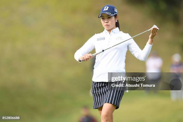 Yukari Nishiyama of Japan lines up her putt on the 1st hole during the final round of the Miyagi TV Cup Dunlop Ladies Open 2017 at the Rifu Golf Club...