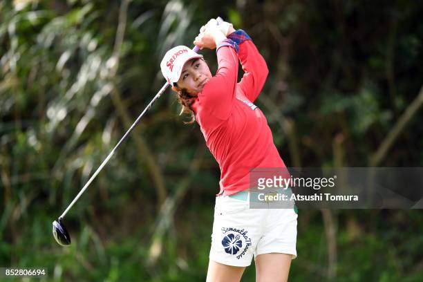 Hina Arakaki of Japan hits her tee shot on the 2nd hole during the final round of the Miyagi TV Cup Dunlop Ladies Open 2017 at the Rifu Golf Club on...
