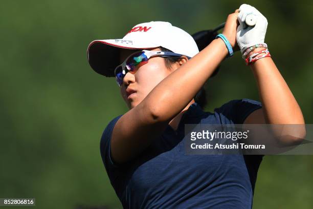 Nasa Hataoka of Japan hits her tee shot on the 17th hole during the final round of the Miyagi TV Cup Dunlop Ladies Open 2017 at the Rifu Golf Club on...