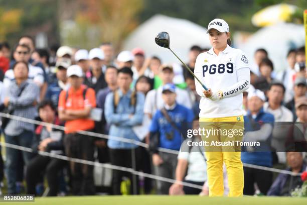 Himawari Ogura of Japan lines up her tee shot on the 1st hole during the final round of the Miyagi TV Cup Dunlop Ladies Open 2017 at the Rifu Golf...