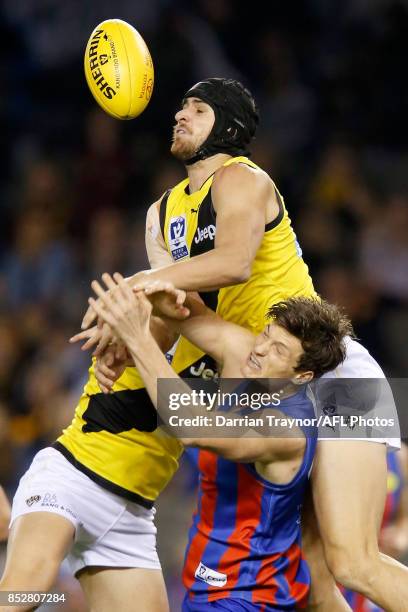 Ben Griffiths of Richmond attempts to mark the ball during the VFL Grand Final match between Richmond and Port Melbourne at Etihad Stadium on...