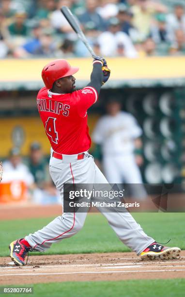 Brandon Phillips of the Los Angeles Angels of Anaheim bats during the game against the Oakland Athletics at the Oakland Alameda Coliseum on September...