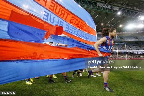 Toby Pinwill of Port Melbourne leads his team out before the VFL Grand Final match between Richmond and Port Melbourne at Etihad Stadium on September...