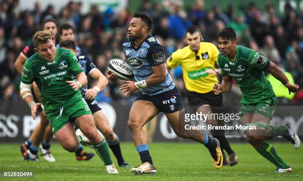 Galway , Ireland - 23 September 2017; Willis Halaholo of Cardiff in action against Finlay Bealham and Jarrad Butler of Connacht during the Guinness...