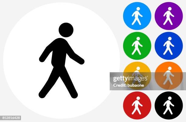 man walking on flat round button - walking stock illustrations