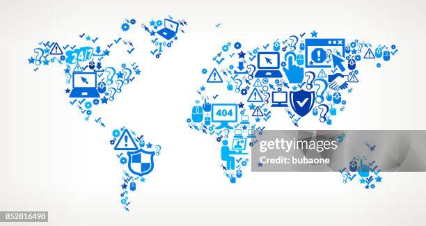 world map tech support vector icon pattern - asian man using computer stock illustrations