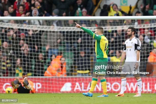 Norwich City's Gary Hooper celebrates scoring their first goal of the game