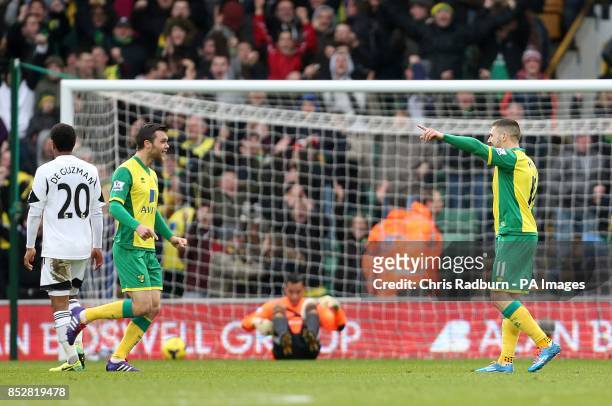 Norwich City's Gary Hooper celebrates scoring their first goal of the game