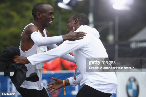 Eliud Kipchoge of Kenya celebrates winning the BMW Berlin Marathon 2017 on September 24, 2017 in Berlin, Germany.