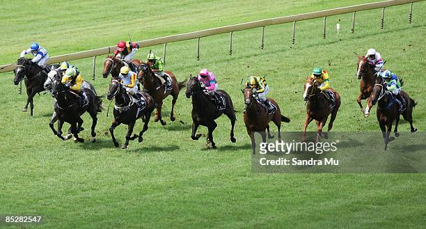 The field race up the home straight in the Newmarket Business Association 1400 during the Diamond Day meeting at Ellerslie Racecourse on March 7,...