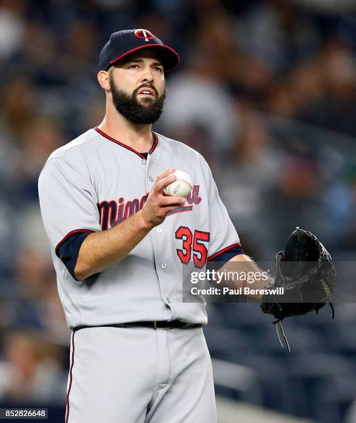 Pitcher Dillon Gee of the Minnesota Twins reacts in an MLB baseball game against the New York Yankees on September 19, 2017 at Yankee Stadium in the...