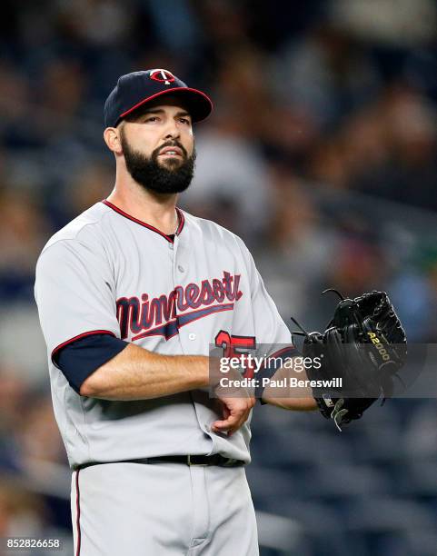 Pitcher Dillon Gee of the Minnesota Twins reacts in an MLB baseball game against the New York Yankees on September 19, 2017 at Yankee Stadium in the...