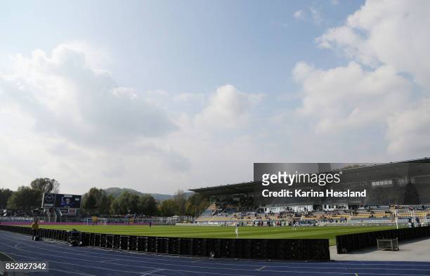 View to the Main tribune during the 3.Liga match between FC Carl Zeiss Jena and SC Preussen Muenster at Ernst-Abbe Sportfeld on September 23, 2017 in...