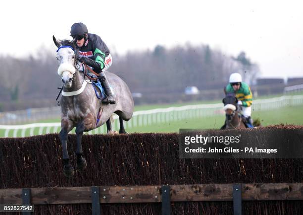 Corrin Wood and Jason Maguire on their way to victory in the Buy Your 2014 Annual Badge today Novices Chase at Catterick Bridge Racecourse, North...