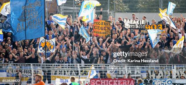 Fans of Jena during the 3.Liga match between FC Carl Zeiss Jena and SC Preussen Muenster at Ernst-Abbe Sportfeld on September 23, 2017 in Jena,...