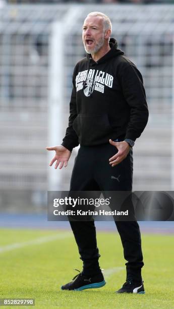 Headcoach Mark Zimmermann of Jena reacts during the 3.Liga match between FC Carl Zeiss Jena and SC Preussen Muenster at Ernst-Abbe Sportfeld on...