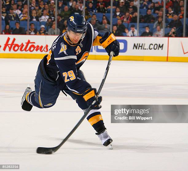 Jason Pominville of the Buffalo Sabres fires a third period slapshot against the Phoenix Coyotes on March 6, 2009 at HSBC Arena in Buffalo, New York.