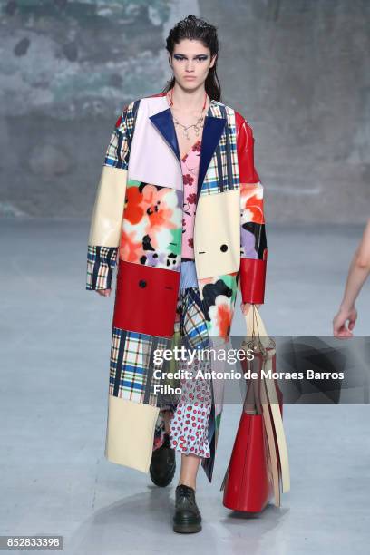 Model walks the runway at the Marni show during Milan Fashion Week Spring/Summer 2018 on September 24, 2017 in Milan, Italy.